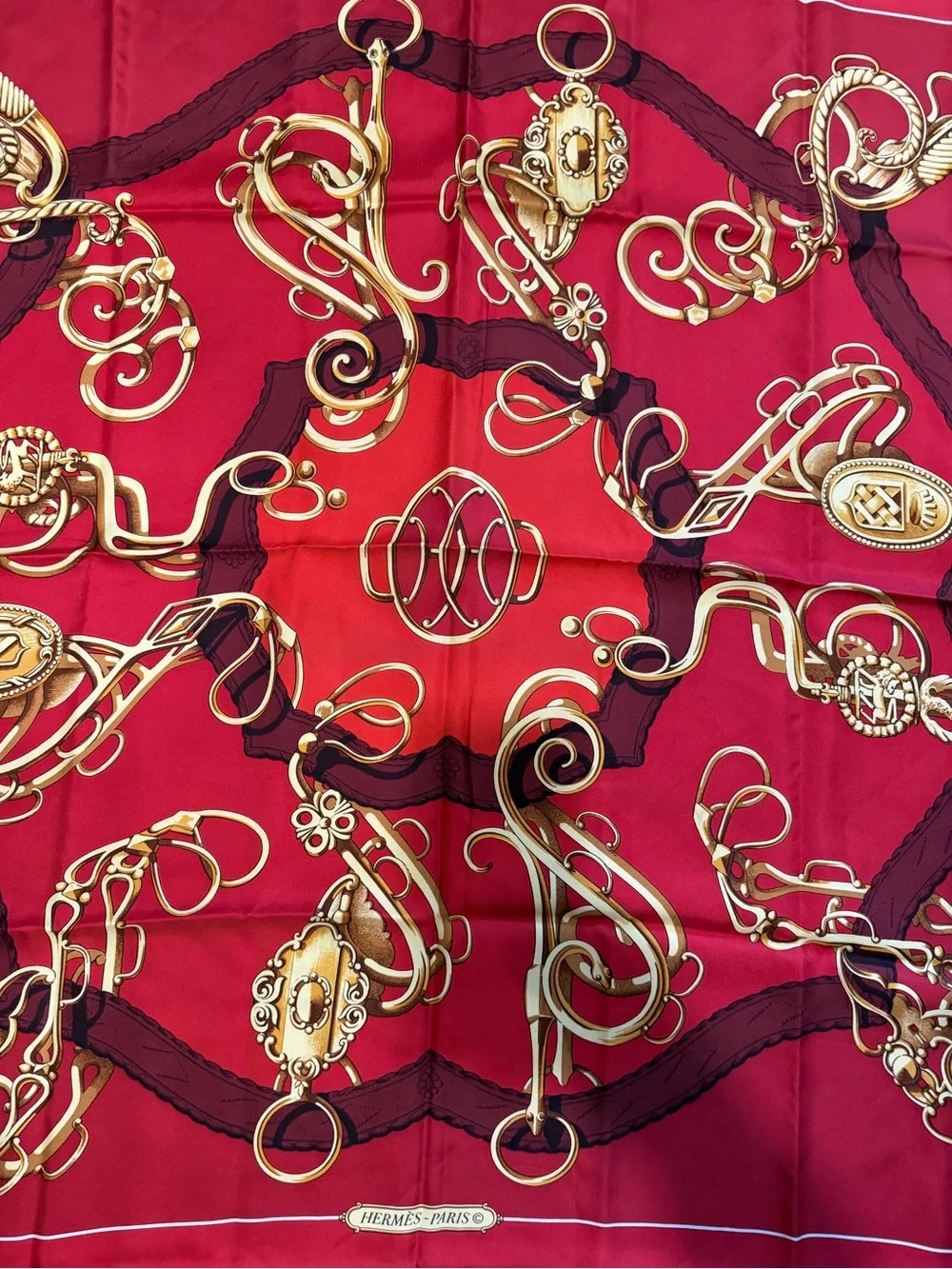 Hermes Red Silk Scarf with Gold Equestrian Hardware Motif